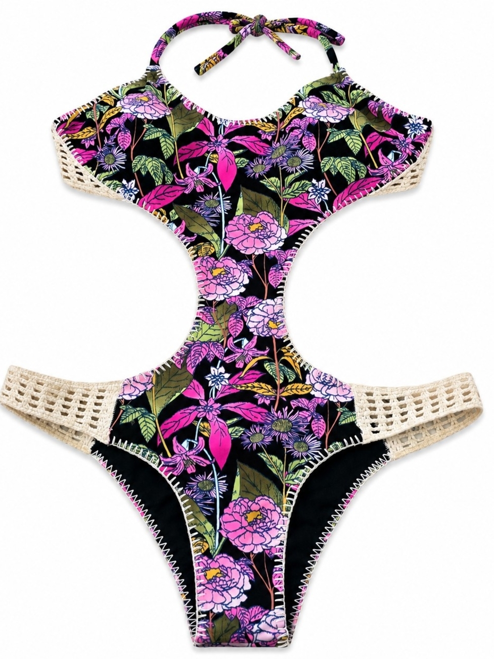 Victoria's Secret Floral Monokini One Piece Swimsuit Size Large Crochet Cutout
